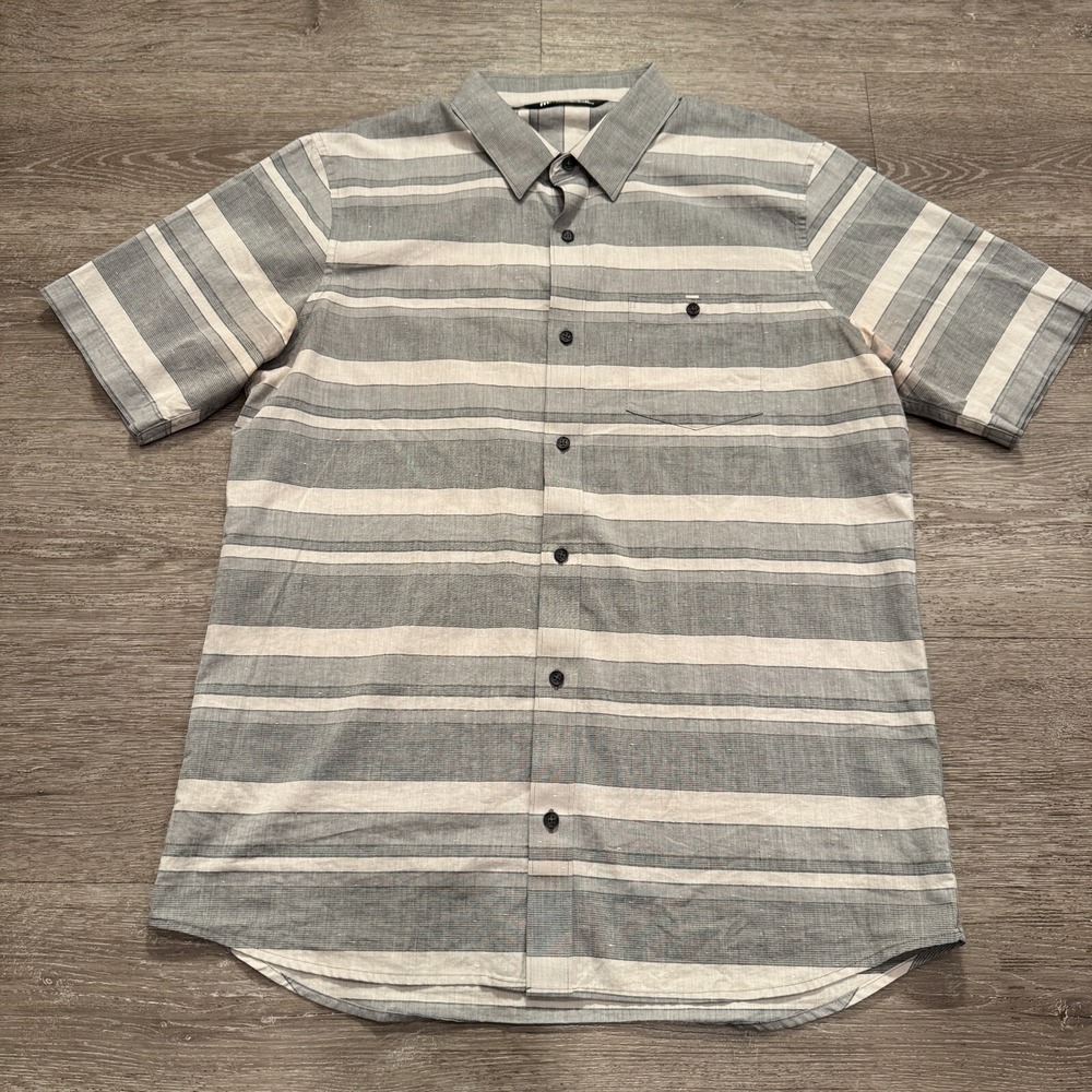 Travis Mathew Shirt Men Large Gray Stripe Short Sleeve Button Front Cotton Golf